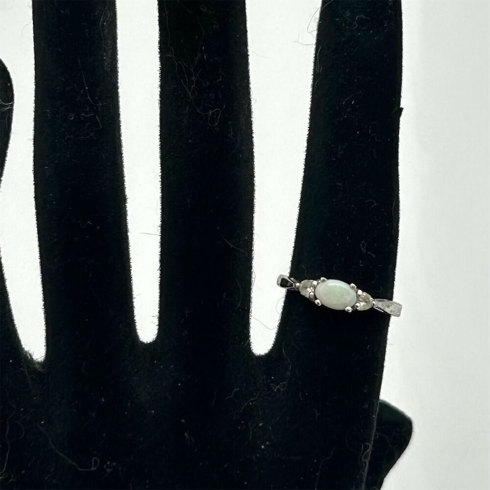 Avon Sterling Silver Opal and CZ Three Stone Ring Size 6